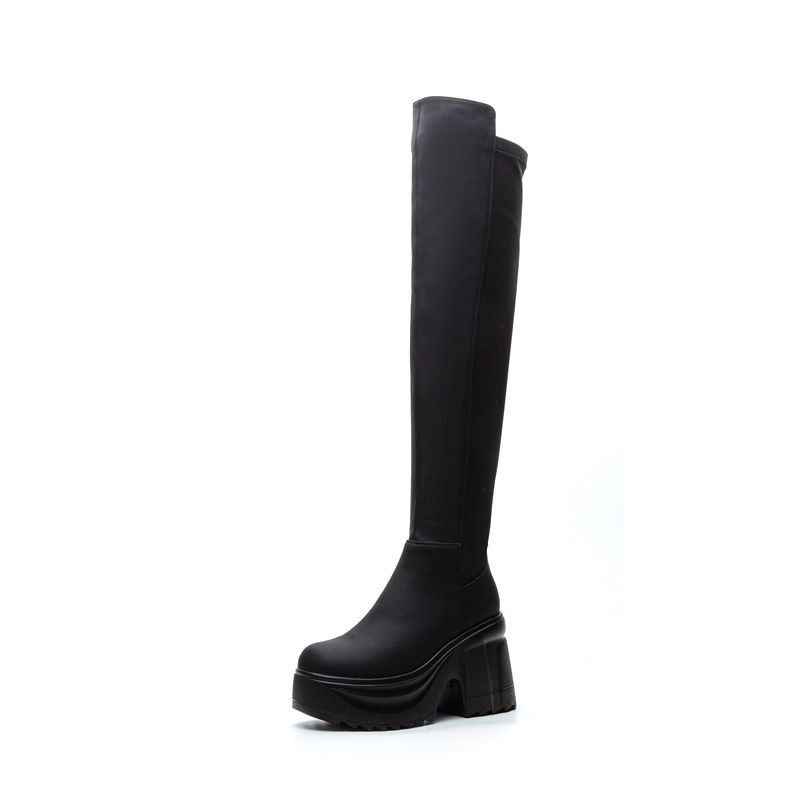 Women Formal Wear Heels - รองเท้าบูทส้นหนาสูงถึงเข่าสำหรับผู้หญิง หนังแท้ สีดำ หัวกลม พื้นยาง สวมใส่สบายตลอดวัน