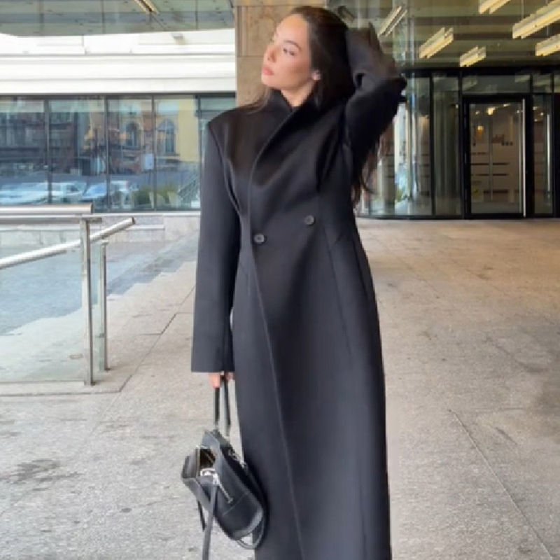 Tailored Coat Wool - เสื้อโค้ทแม็กซี่สำหรับผู้หญิง ใส่ทำงานในฤดูใบไม้ร่วง แขนยาว สีพื้น มีฟองน้ำเสริมไหล่ ทรงตรงเข้ารูป