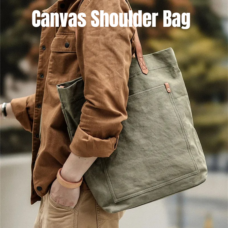 Structured Handbag Work - กระเป๋าผ้าแคนวาสหนังแท้สำหรับผู้ชาย สไตล์วินเทจ ความจุขนาดใหญ่ ใช้สะพายข้าง สะพายไหล่ หรือถือมือ