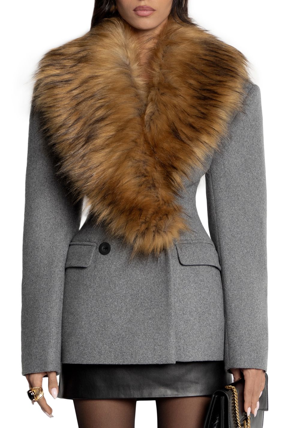 Tailored Coat Wool - เสื้อโค้ทเบลเซอร์ผ้าวูลผสมสำหรับผู้หญิง Laur 2026 พร้อมปกขนเฟอร์เทียมขนาดใหญ่ กระดุมสองแถว ทรงเข้ารูปเอว