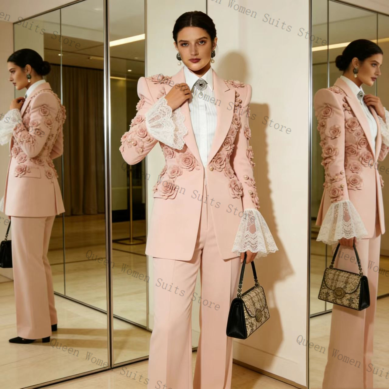 Women Formal Wear Outfits - ชุดสูทผู้หญิงสีชมพู 2 ชิ้น เสื้อเบลเซอร์ กางเกง ลายดอกไม้