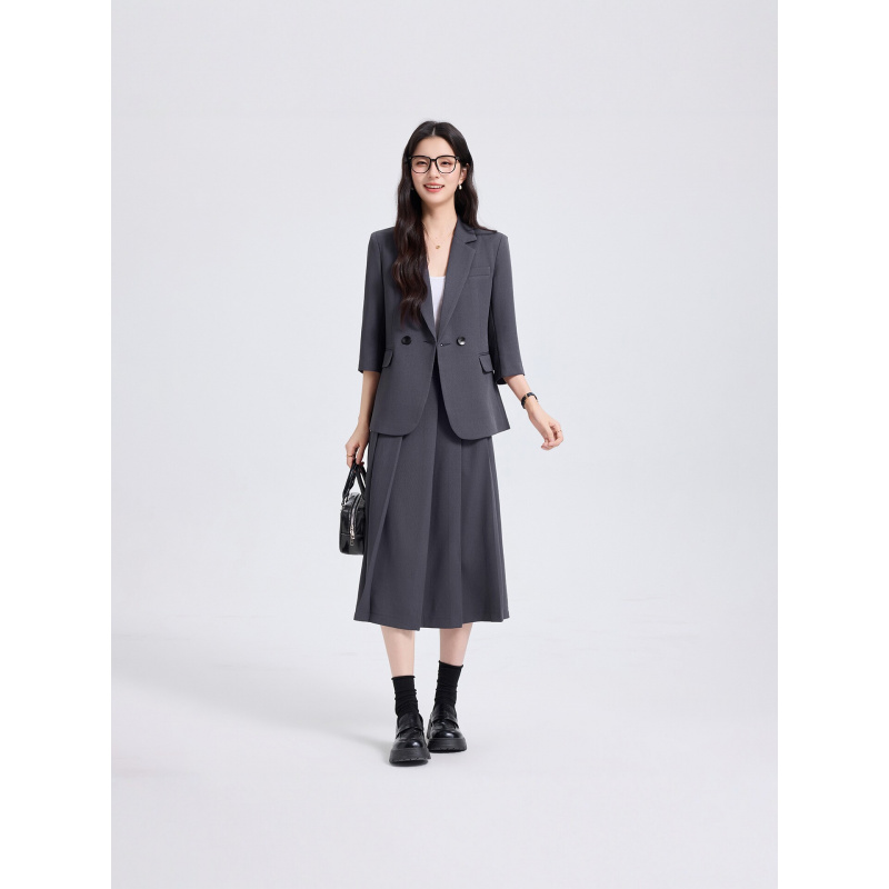 Women Formal Wear Interview - ชุดสูทสีน้ำเงินกรมท่าสำหรับผู้หญิง สำหรับฤดูใบไม้ผลิและฤดูใบไม้ร่วง ชุดทำงานสัมภาษณ์แบบมืออาชีพ แขนสามส่วน สองชิ้น