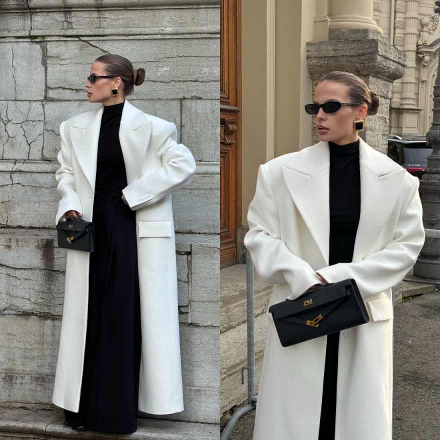 Tailored Coat Wool - เสื้อโค้ทยาวผ้าผสมวูล ปกแหลม ทรงโอเวอร์ไซส์ ตัดเย็บเข้ารูป กระเป๋าฝาปิด เสื้อคลุมสำหรับสไตล์สตรีทในเมือง