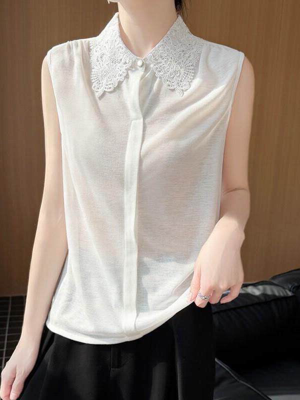 Women Formal Wear Vest - เสื้อถักไม่มีแขนแต่งลูกไม้สำหรับผู้หญิง เสื้อกั๊กสีพื้น เสื้อยืดที่เข้ากับชุดทางการ เสื้อซับในทรงหลวม ยืดหยุ่นสูง