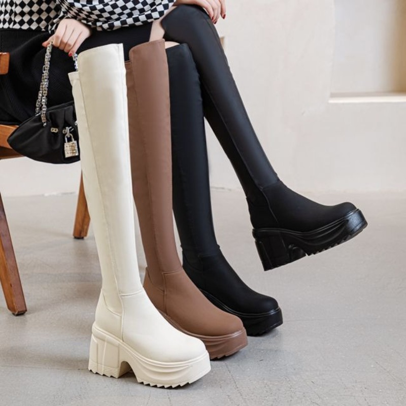รองเท้าบูทส้นหนาสูงถึงเข่าสำหร - Women Formal Wear Heels บทวิจารณ์และราคา