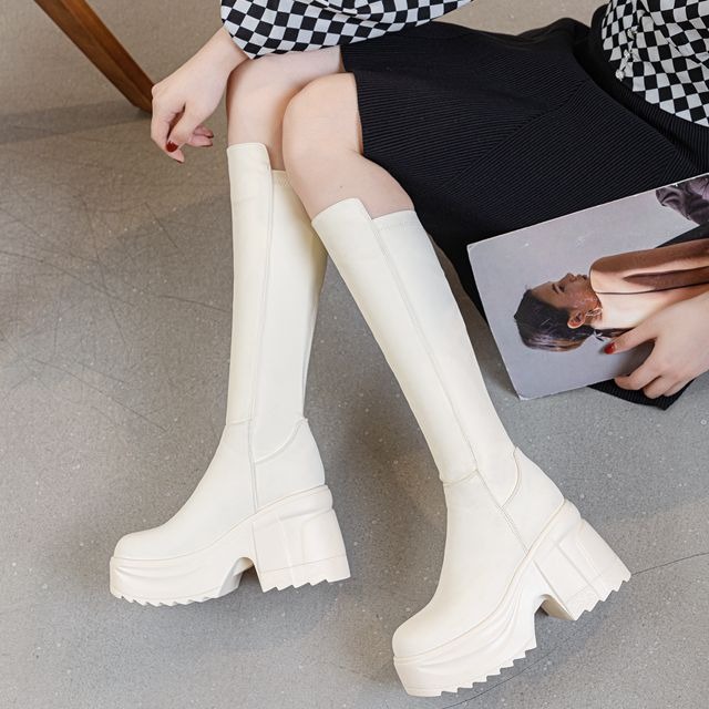 รองเท้าบูทส้นหนาสูงถึงเข่าสำหร - Women Formal Wear Heels บทวิจารณ์และราคา